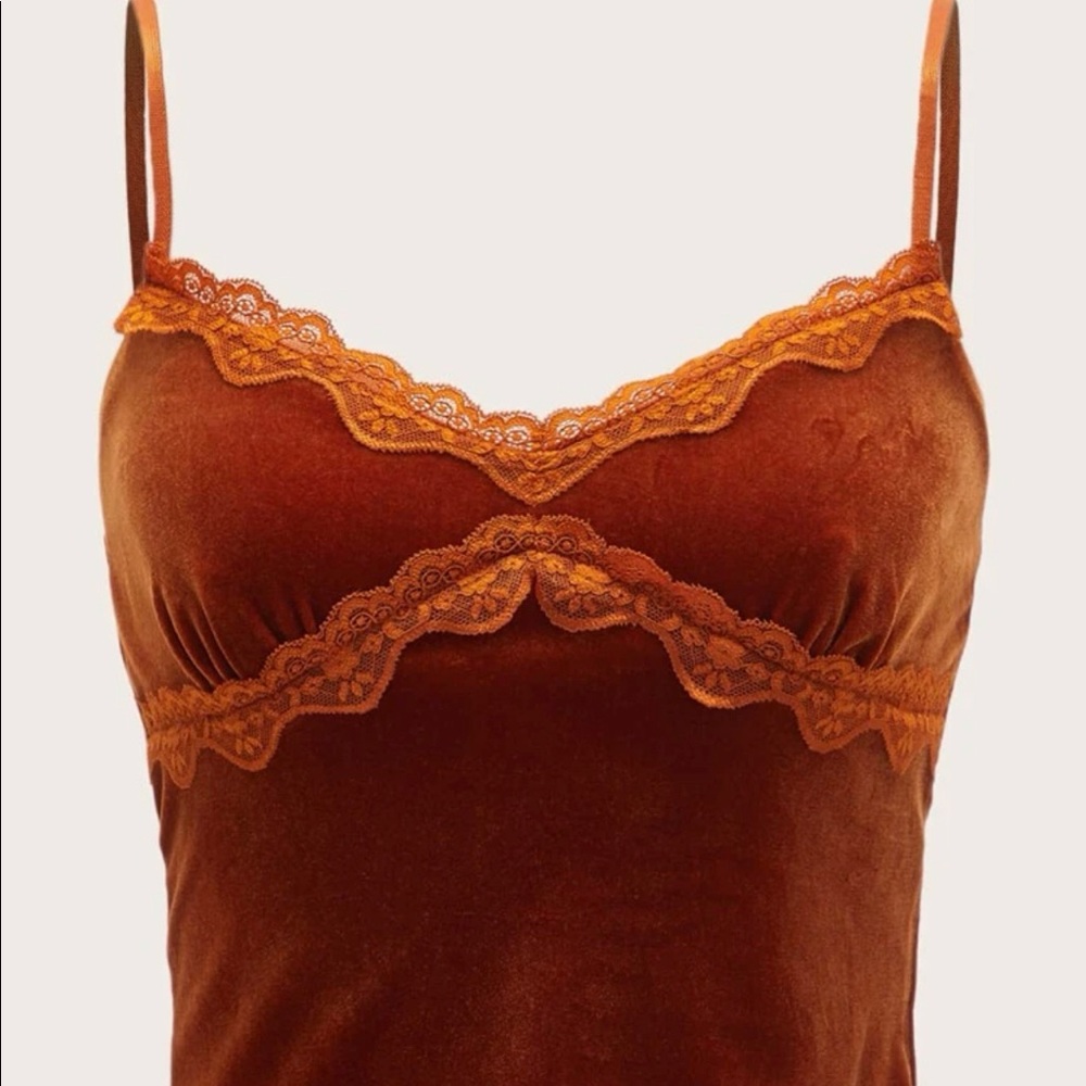 S Lace Trim Velvet Cami Top Brown-Orange